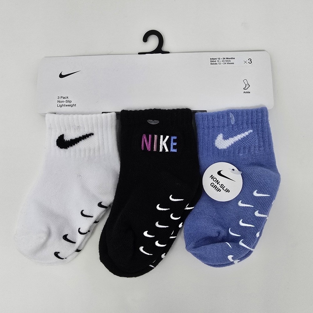 Nike Baby 3 Pair Non Slip Lightweight Ankle Socks~Blue, Black & White 12 - 24 M